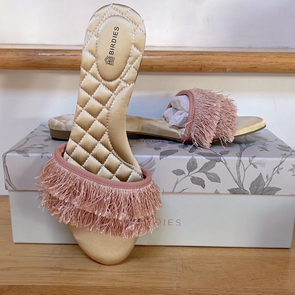 NEW IN BOX Birdies The Swan Fringe Slide in Blush